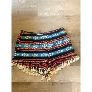 Audrey 3+1 Shorts Womens Medium Blue Red Boho Tassel Fringe Festival Aztec Style